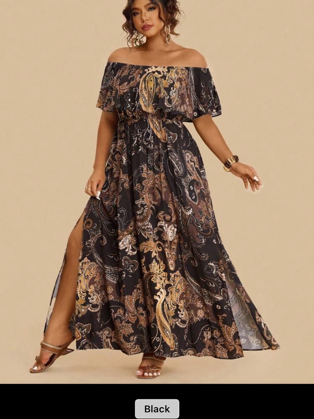 SHEIN Off-Shoulder Paisley Ruffle Maxi Dress in Black and Brown